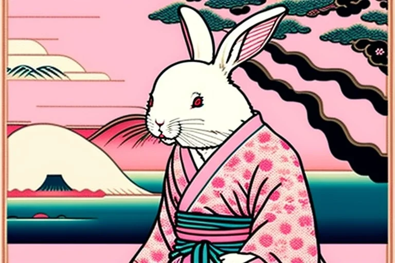 ukiyo-e style print of a white rabbit with a human body wearing a soft pink yukata and walking by the sea