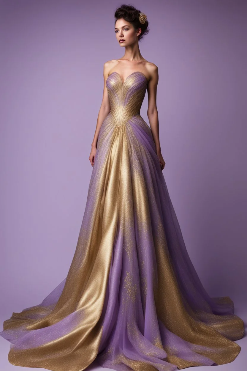 Stunning utopian gown with lavender and gold. Hyper realistic standing model