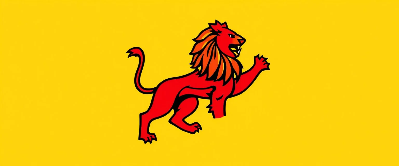 heraldry Lion, full body , black outline and red interior on yellow background, simplified vector logo