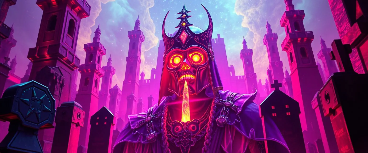 Epic portrait of paladin in tower cemetery in the style of Giger and Escher in Transparent Psychedelic Fluorescent Colors looking like a Record Cover