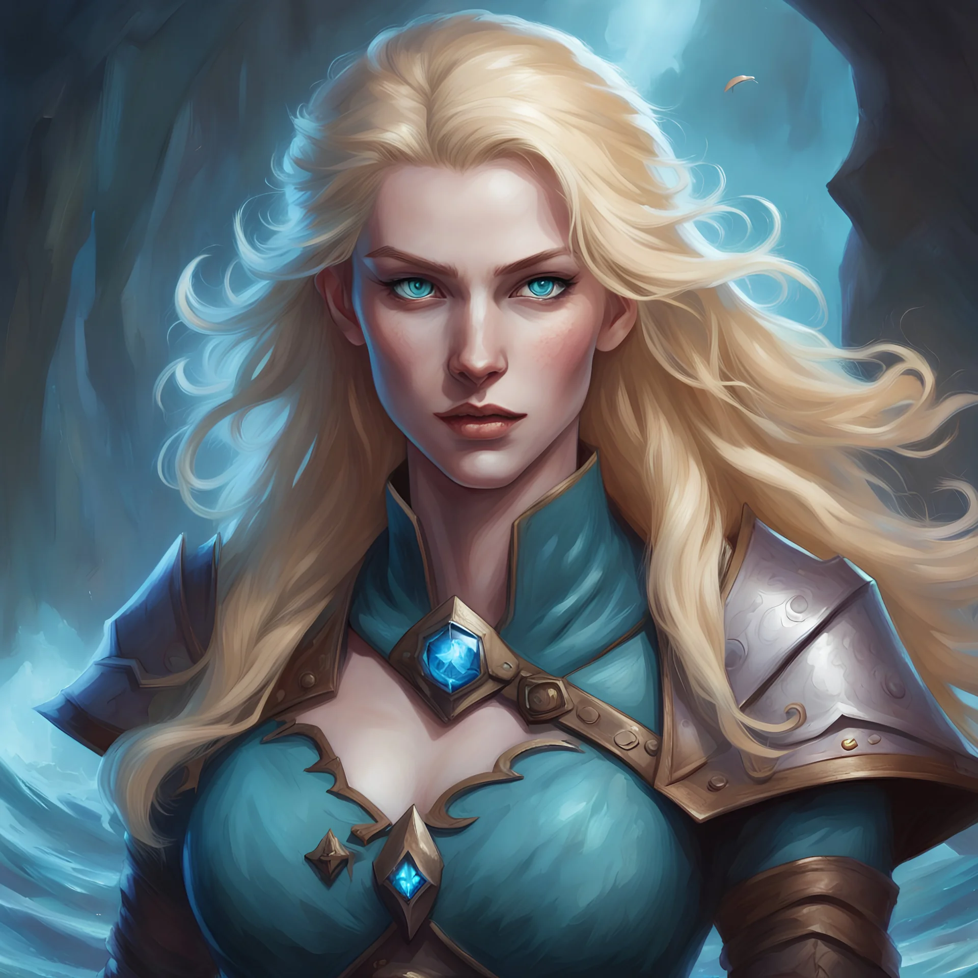 dungeons and dragons human female fathomless warlock, pale skin, wild blonde hair, sea blue eyes, exposed chest