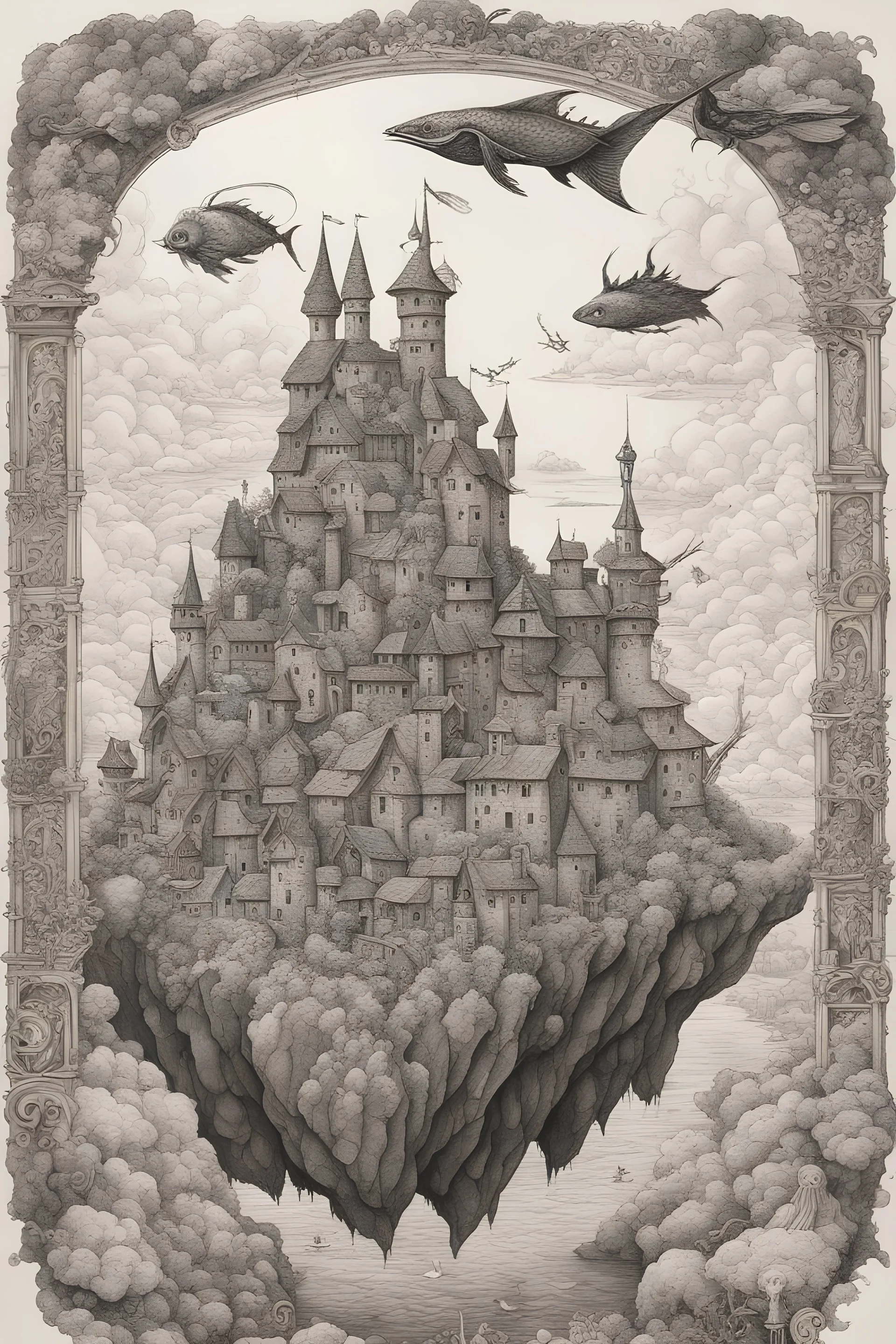 Intricate ink drawing of a medieval village on a flying rocky island, flying sea creatures, steam punk style, surrealism, black and white, crisp lines, highly detailed, image centered on the page with negative space around it