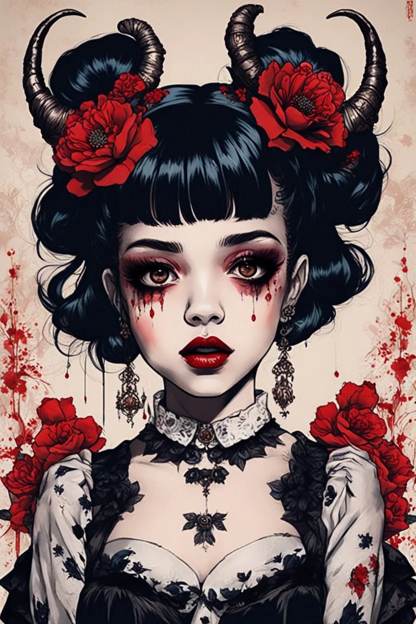 Poster in two gradually, a one side malevolent goth vampire girl face and other side the Singer Melanie Martinez face, full body, painting by Yoji Shinkawa, darkblue and sepia tones, wears a smart shirt which is embroidered with red flowers and ornaments, has dark eyes and horns,