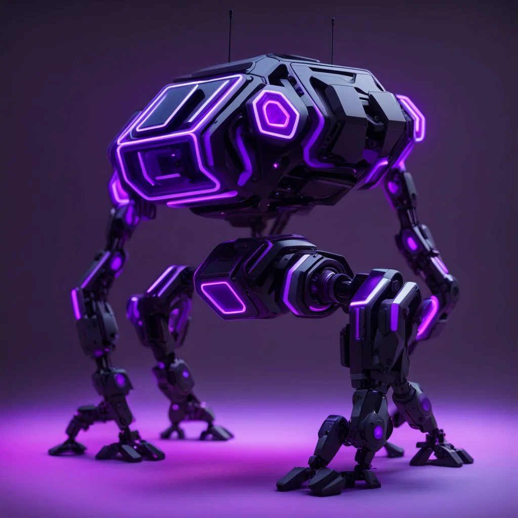 neon black and purple quadrupedal robot with a 3D hexagon for a head