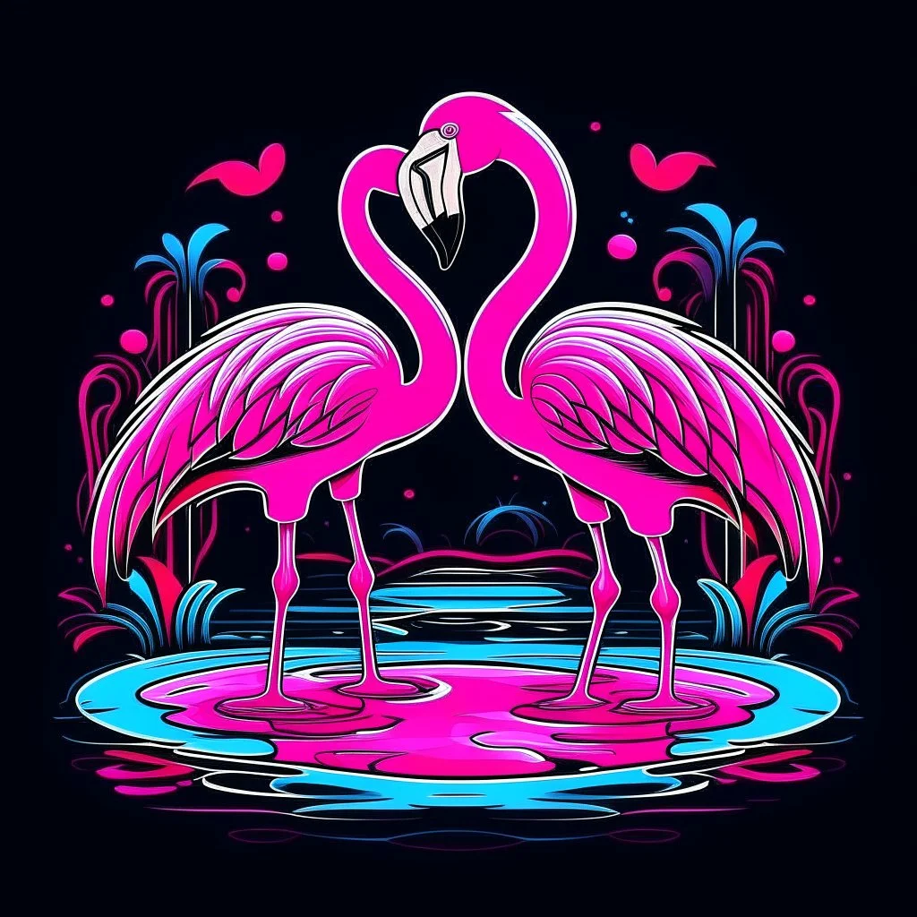 A pair of flamingos in a pool, whimsical, exotic, neon lighting, T-shirt design graphic, vector, contour, white background