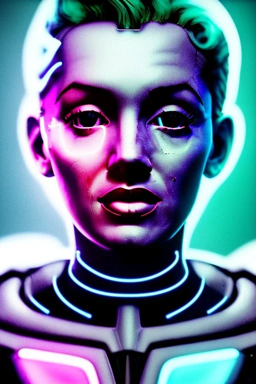 Ultra Realistic image, portrait, blonde woman, Marylin Monroe face, perfect iris, glow eyes, glow makeup. Cyborg, Cyberpunk, ex machina style, wires connected, oversized tight latex dress. fog, rain, soft color, highly detailed, unreal engine 5, ray tracing, RTX, lumen lighting, ultra detail, volumetric lighting, 3d, finely drawn, high definition, high resolution.