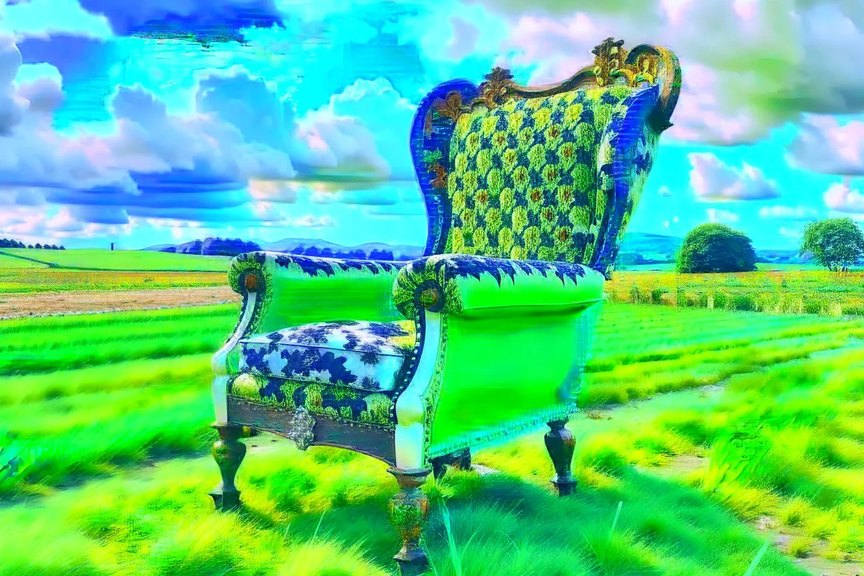 A cow sitting on an vittorian armchair in large soft green field