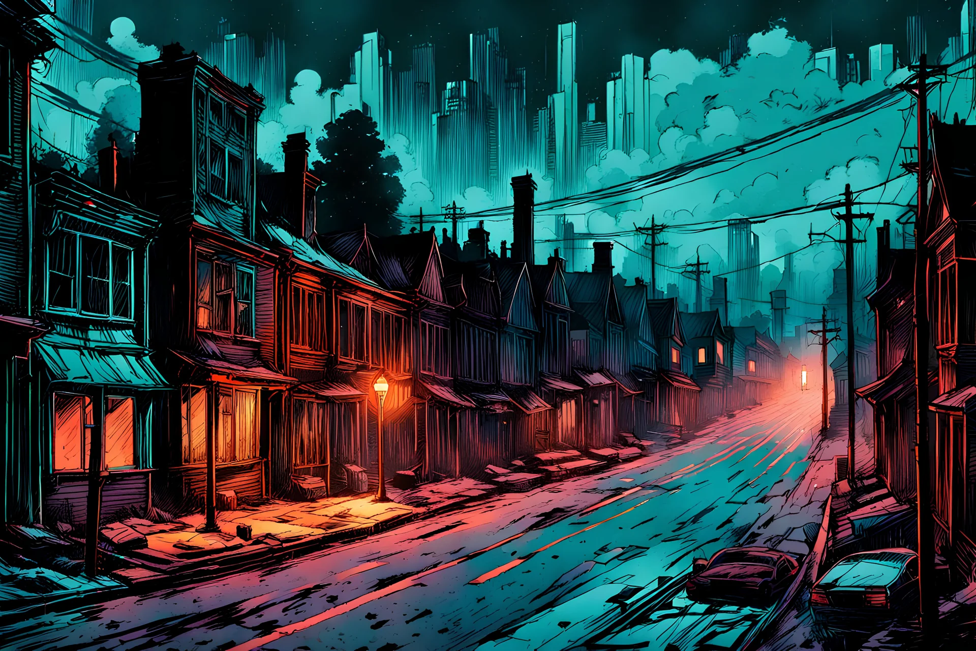 create a hyper detailed illustration of a small decayed Victorian town with tree lined streets at dawn in the comic art style of FRANK MILLER and BILL SIENKIEWICZ, searing lines and forceful strokes, precisely drawn, boldly inked, with gritty textures, dark foreboding color, 8k, isometric view