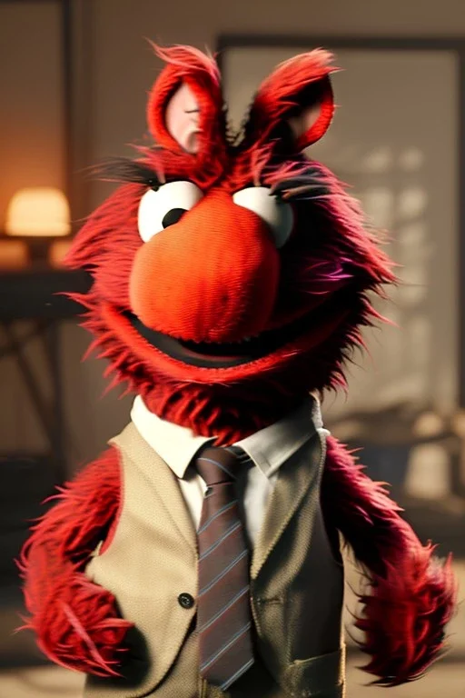 Realistic image, hybrid formed by simple Elmo muppet head and real human body, Shirt and tie, concept art, smooth, unreal engine 5, god lights, ray tracing, RTX, lumen lighting, ultra detail, volumetric lighting, 3d, finely drawn, high definition, 4k.