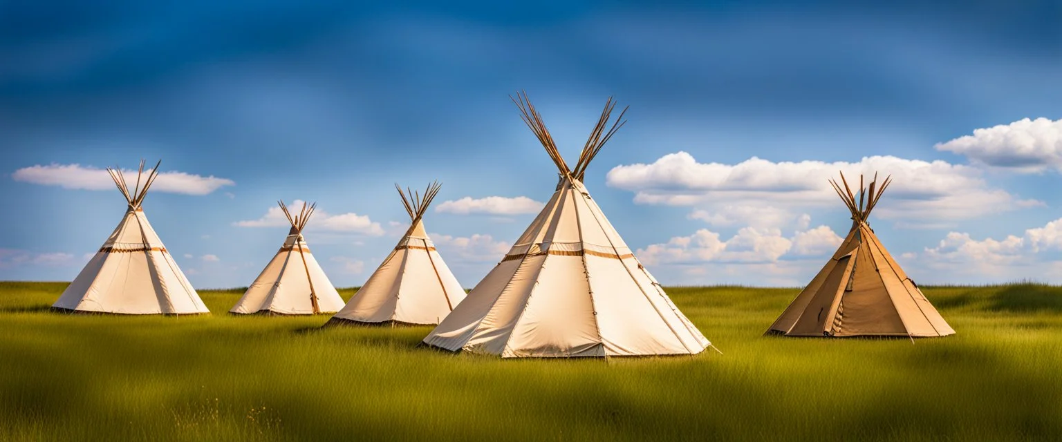 Prairie landscape, living skies, 1 large teepee and 3 smaller teepees, near trees, historically authentic, summer