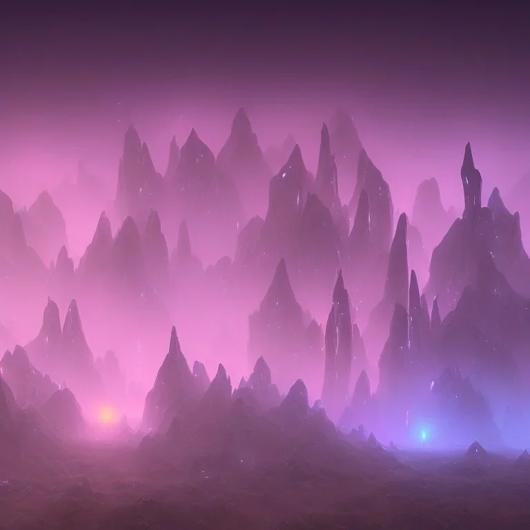 ALIENS FLOATING in the fog, FOGGY NIGHT, mountains, GLOWING, PURPLE, TOWERS, 4K, 8K, CINEMATIC