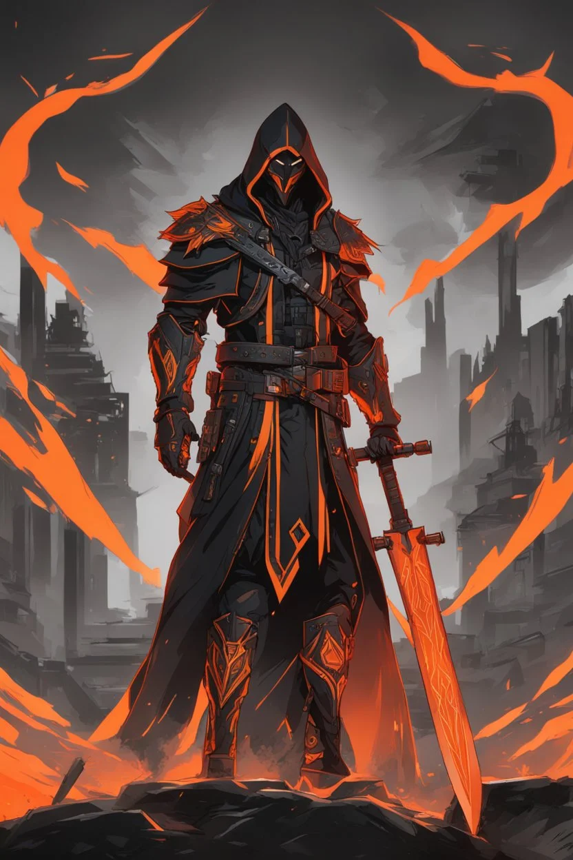 Warrior, solo leveling artstyle, black custom, Reaper them, neon orange details, machete, full body, apocalypse, intricate details, highly detailed, high details, detailed portrait, masterpiece,ultra detailed,best quality