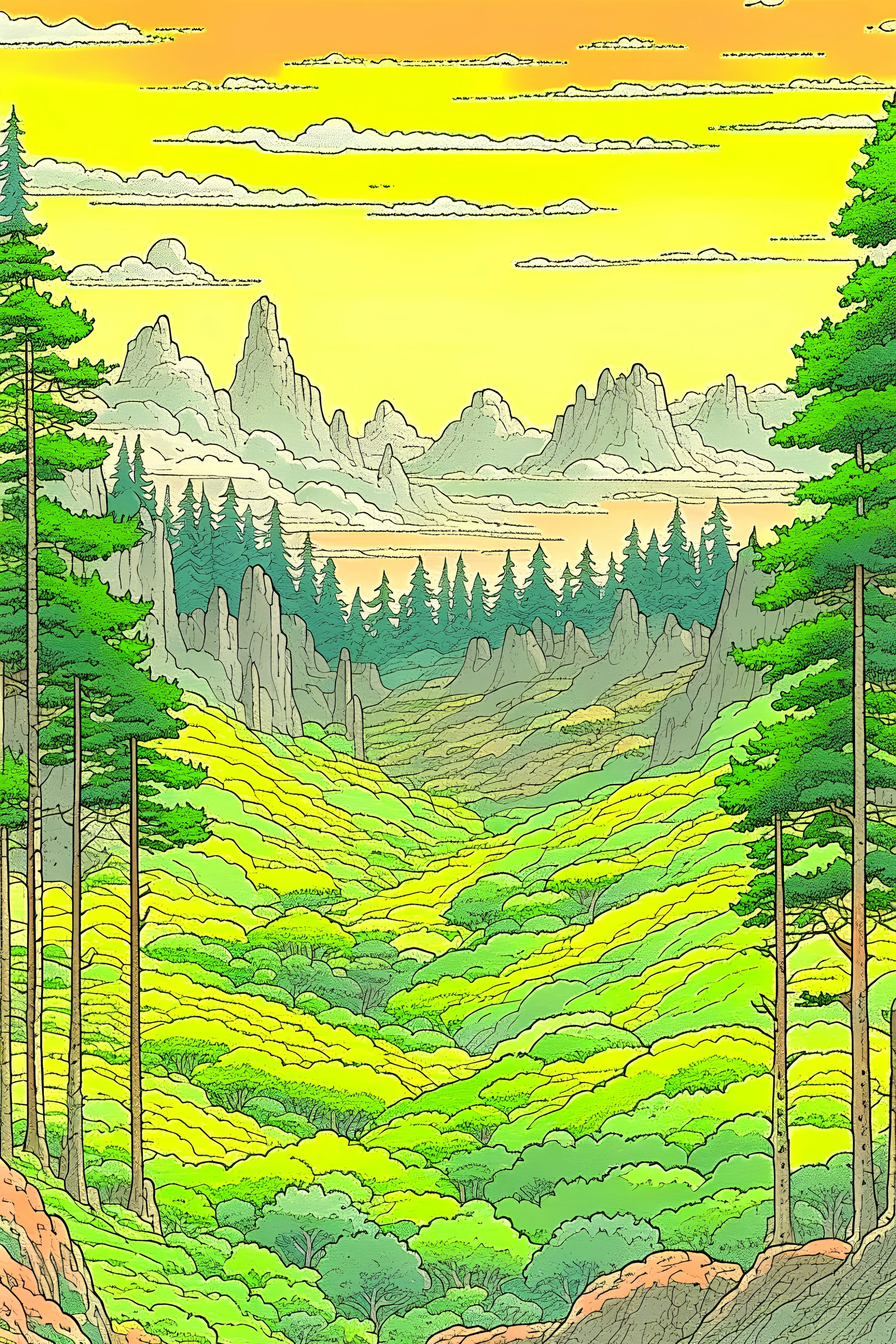 a forest grove, mountains in the distance in the style of Moebius