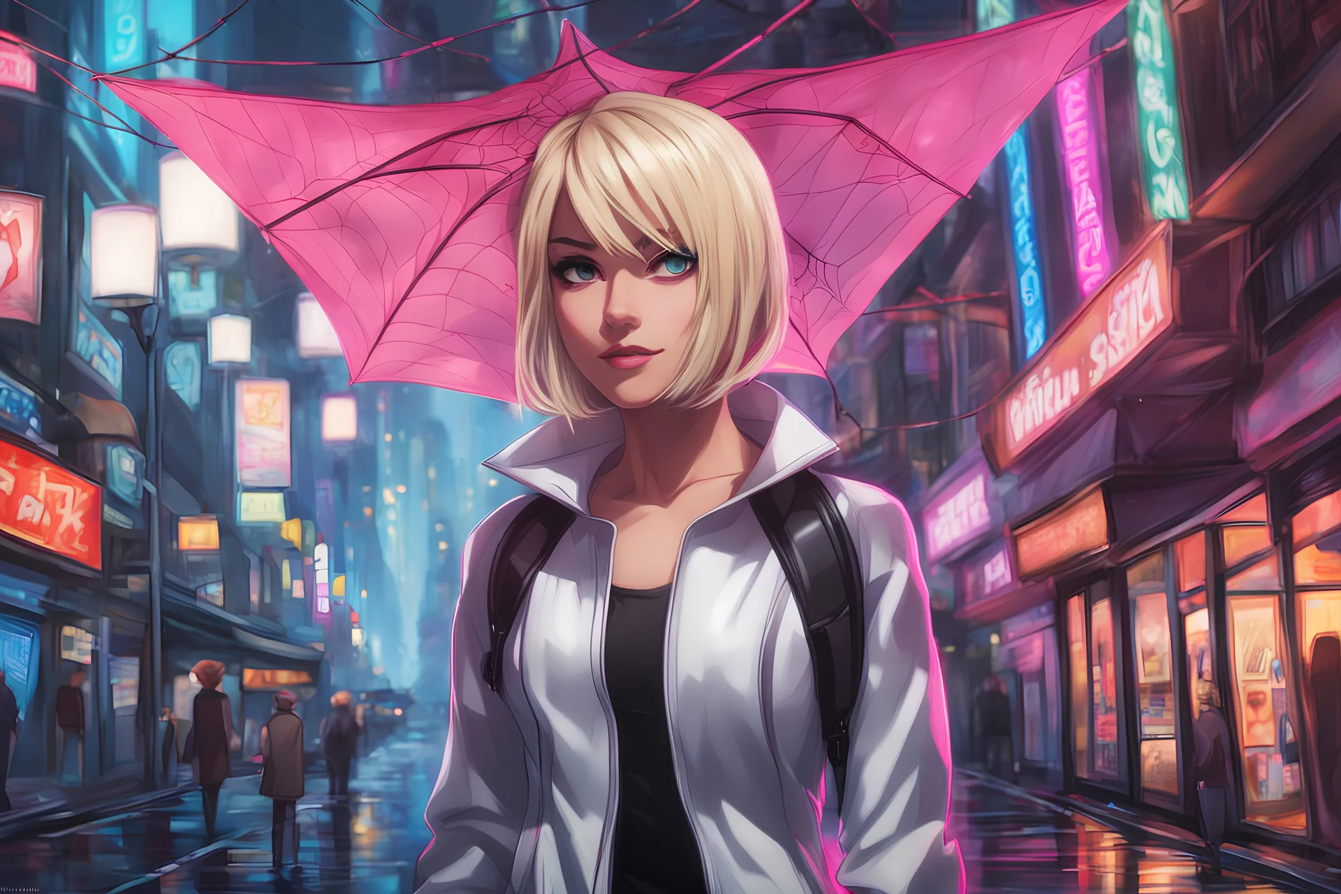 Spidergwen with short hair in 8k Hayao Miyazaki draw style, yu gi oh them, neon effect, close picture, rain, highly detailed, high details, detailed portrait, masterpiece,ultra detailed, ultra quality