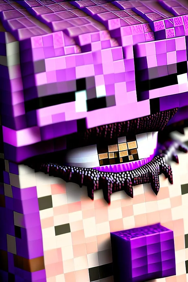 a close-up portrait of a purple Minecraft face, lipstick and eyelashes, 3d, large pixel style