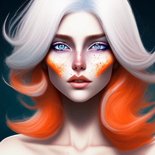 fantasy setting, woman, two-toned streaked orange and white hair, ranger, freckles, more white hair