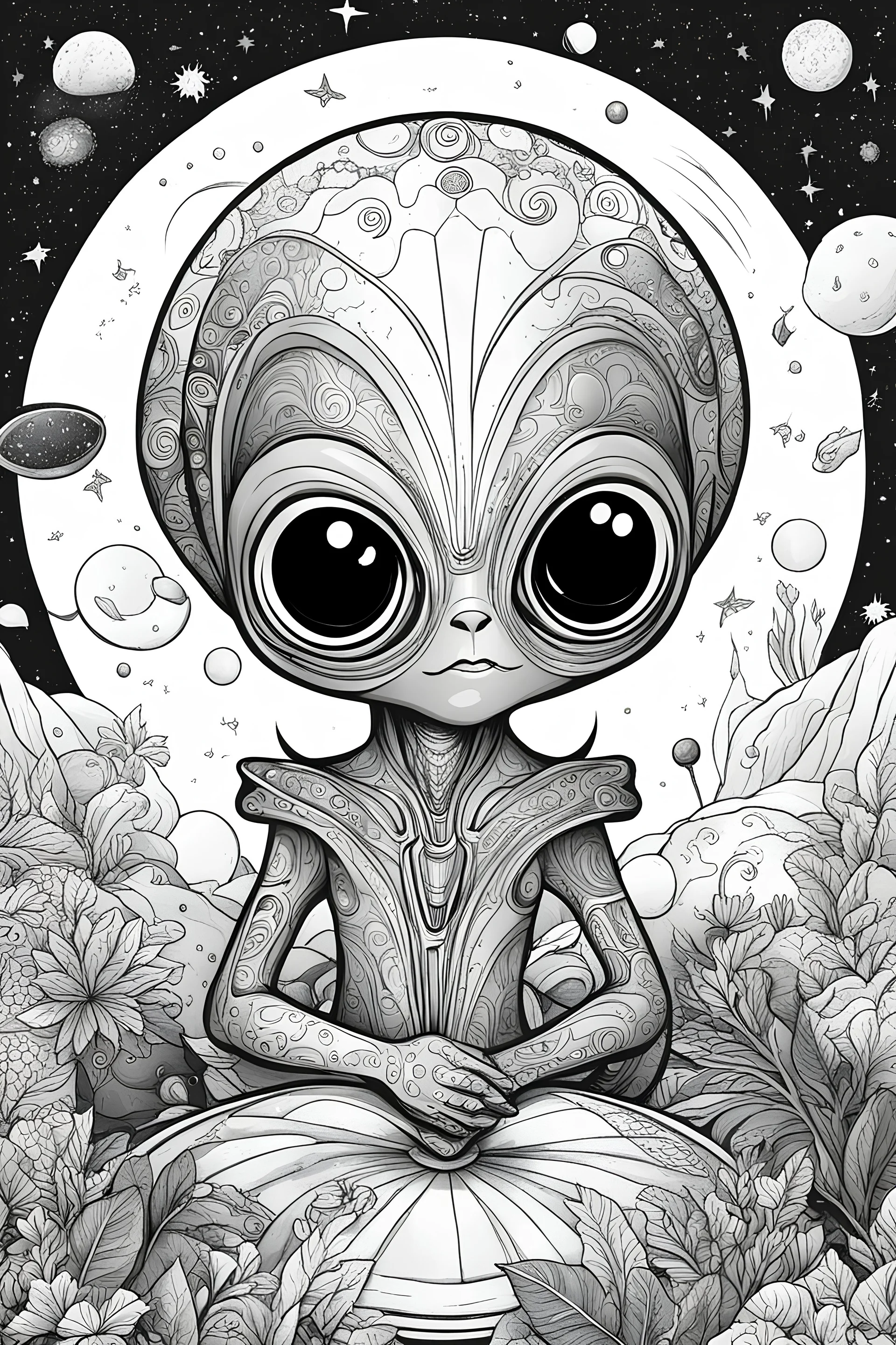 A Coloring Book image, white background, Illustrate an alien holiday, that celebrates unity among different species, a scenes of intergalactic feasts, music. doodling style, line art, clipart, high quality, simple line illustration, black and white, ultra detailed, highly detailed eyes and feet and fingers.