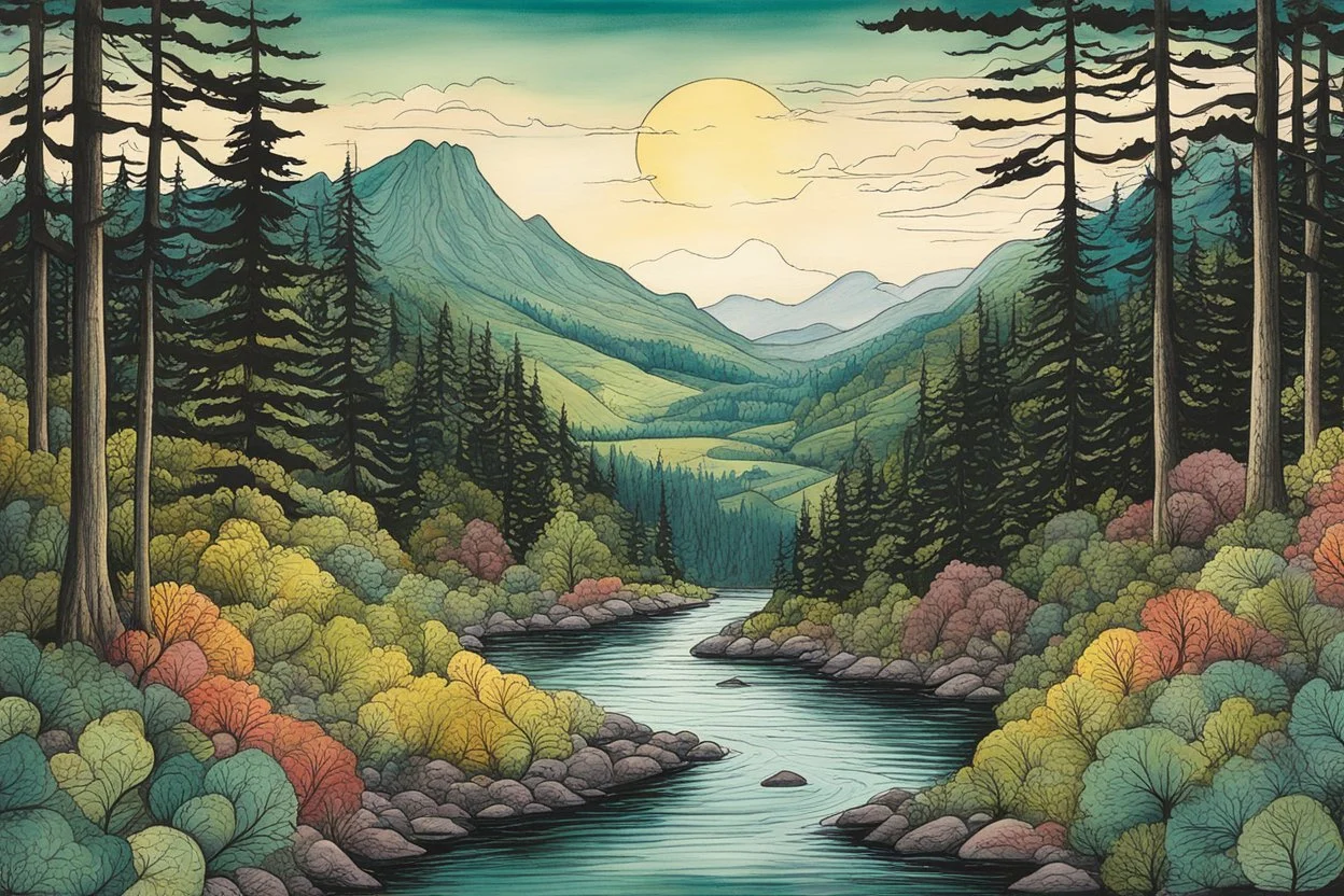 a surrealist illustration of a lush Pacific Northwest forested river valley landscape in the pale light of dawn, in the cartoon style of Lynda Barry , vibrant natural colors, with fine ink outlining, museum quality masterpiece