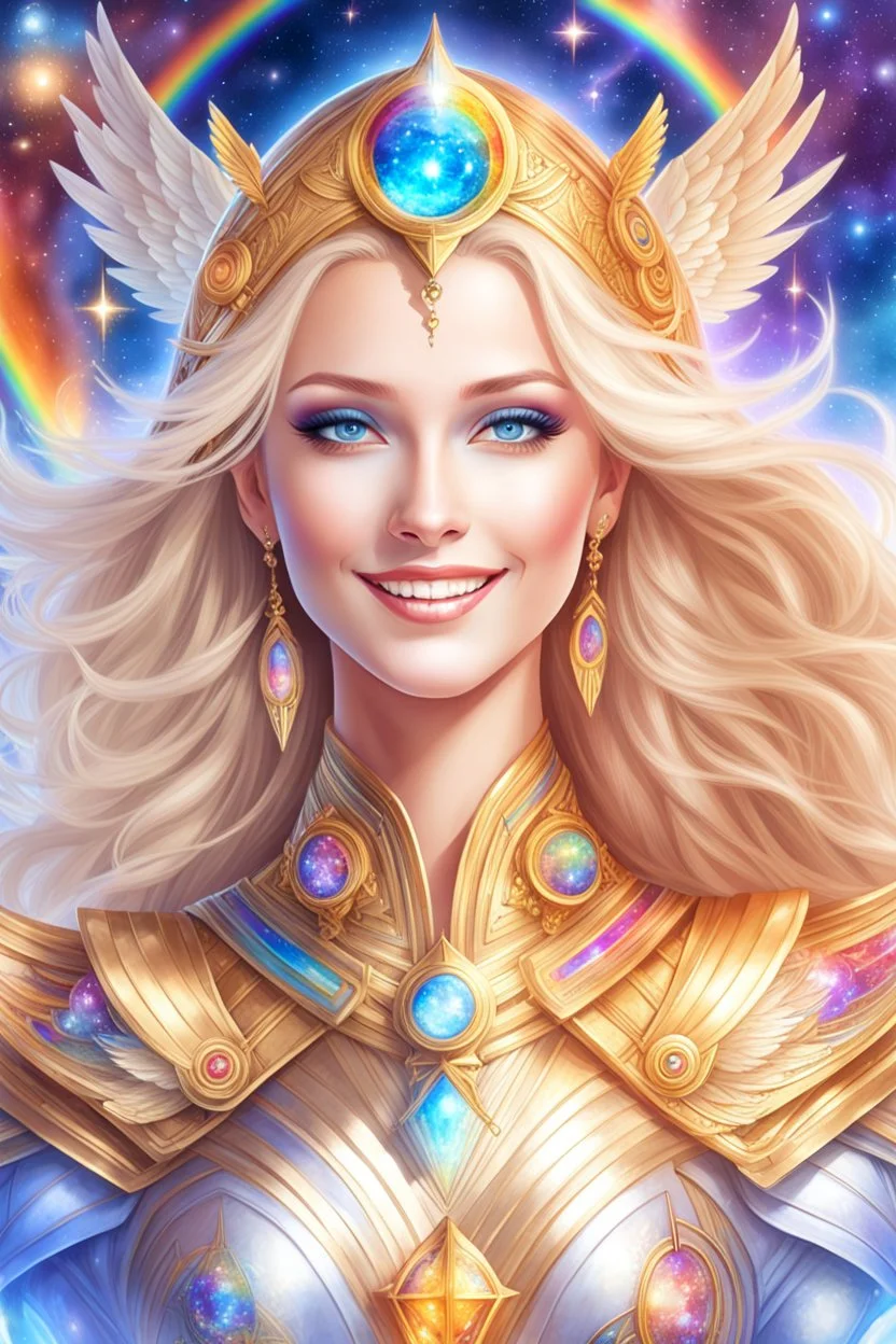 cosmic woman angels smile,admiral ufo high commander from the future, one fine whole face, crystalline skin, expressive blue eyes,rainbow, smiling lips, very nice smile, costume rainbow pleiadian, Beautiful tall woman pleiadian Galactic commander, ship, perfect datailed golden galactic suit, high rank, long blond hair, hand whit five perfect detailed finger, amazing big blue eyes, smilling mouth, high drfinition lips, cosmic happiness, bright colors rainbow, blue, pink, gold, jewels, realist,8k