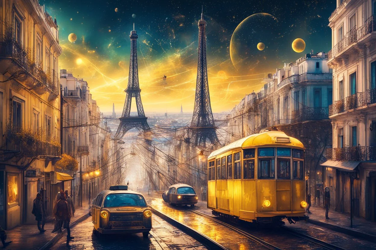 Lisbon city view in fantasy cyberpunk style with famous yellow tram, one eiffel tower in background, celestial cosmic sky