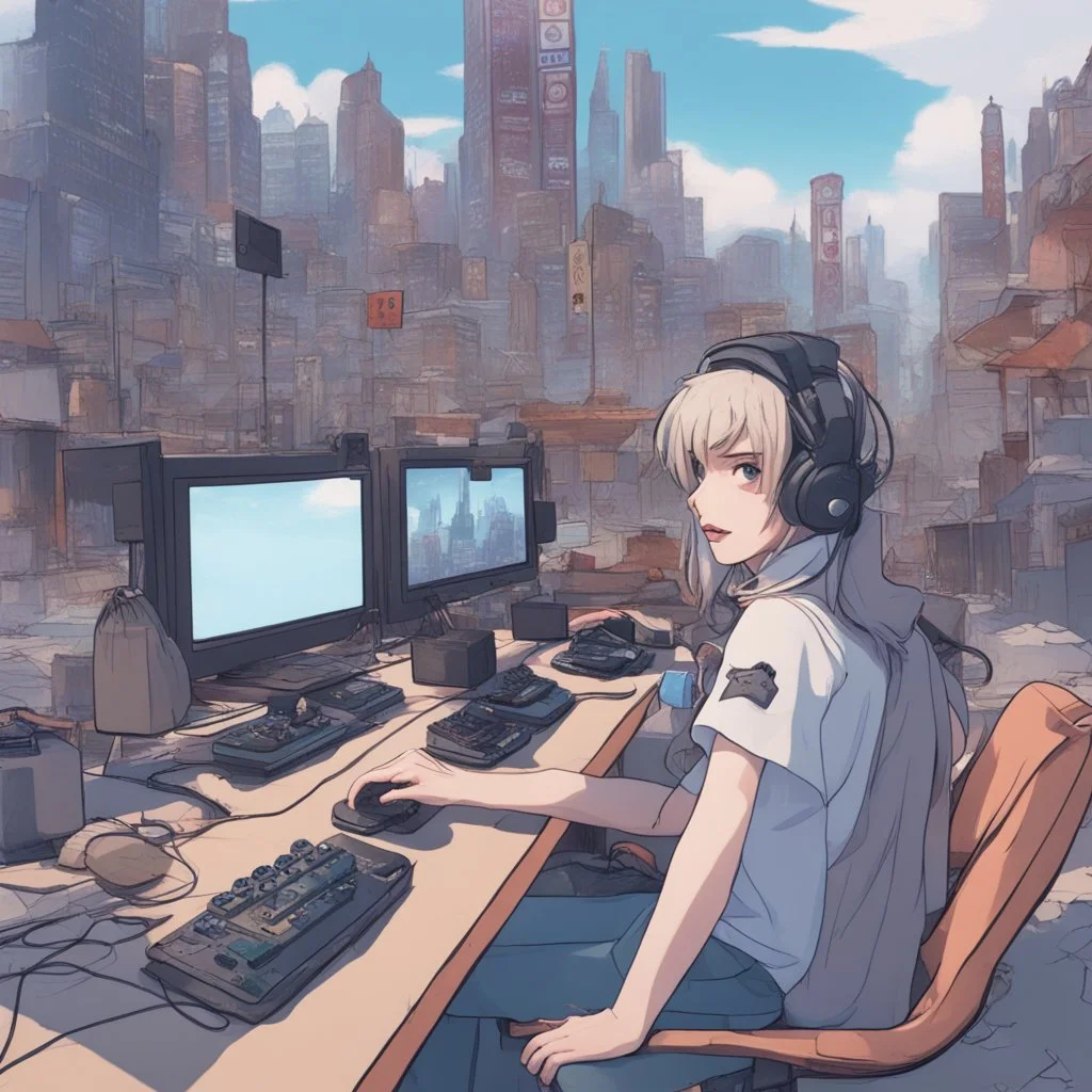 trans playing video games on en enormous gaming set up in a middle of a city