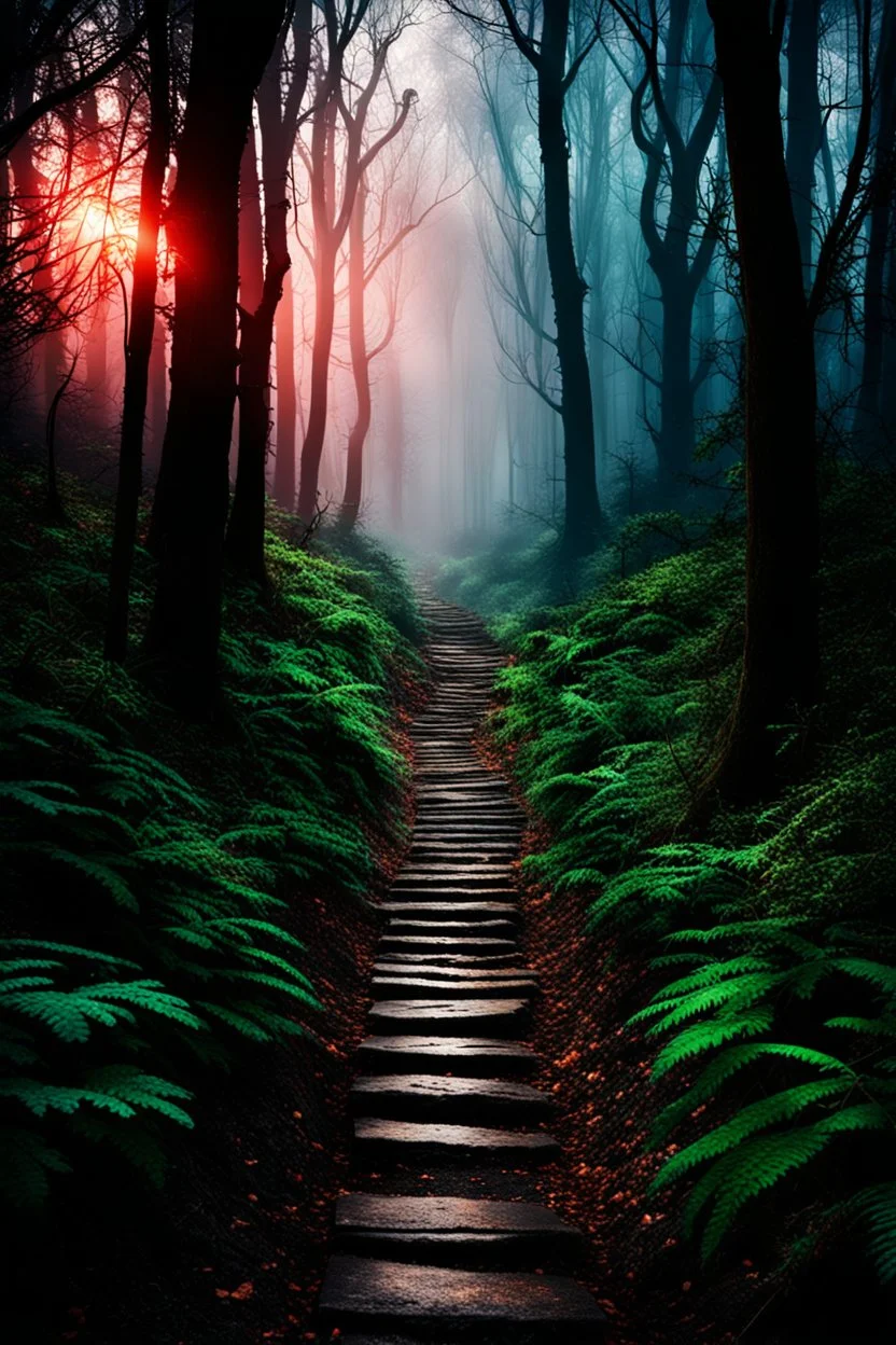 pathway leading into a Dark forest. fantasy