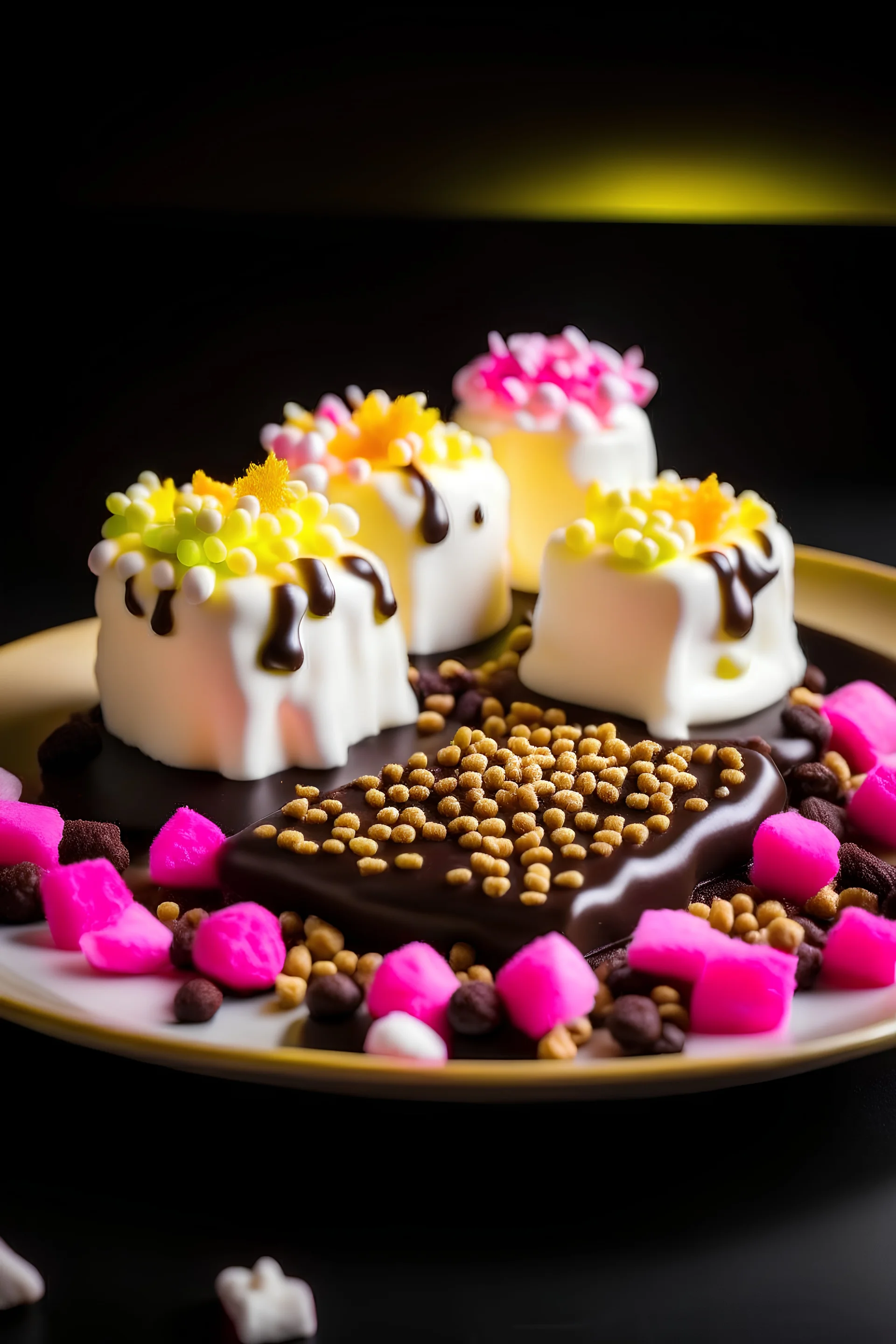 A plate of custard covered with chocolate and decorated with marshmallows