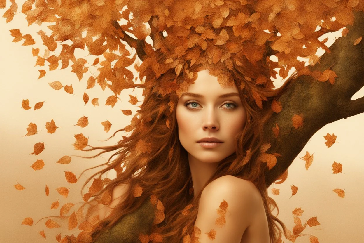 "Young woman covered in tiny copper leaves emerging from a tree, detailed matte painting, deep colour, fantastical, intricate detail