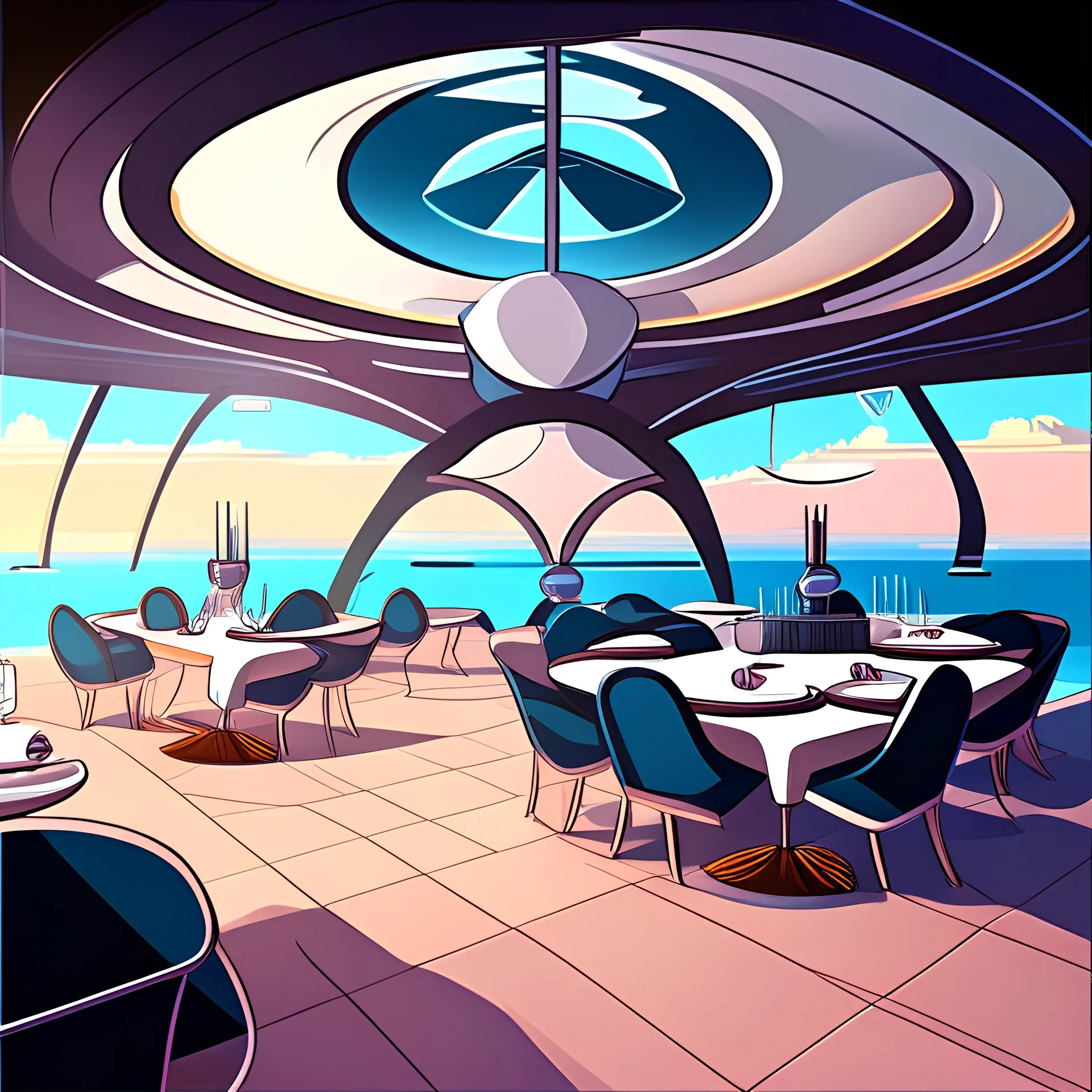 futuristic luxury vampire empty vampire restaurant near the sea with cooked turkey in the middle of a tables and clean chairs in the restaurant cartoon