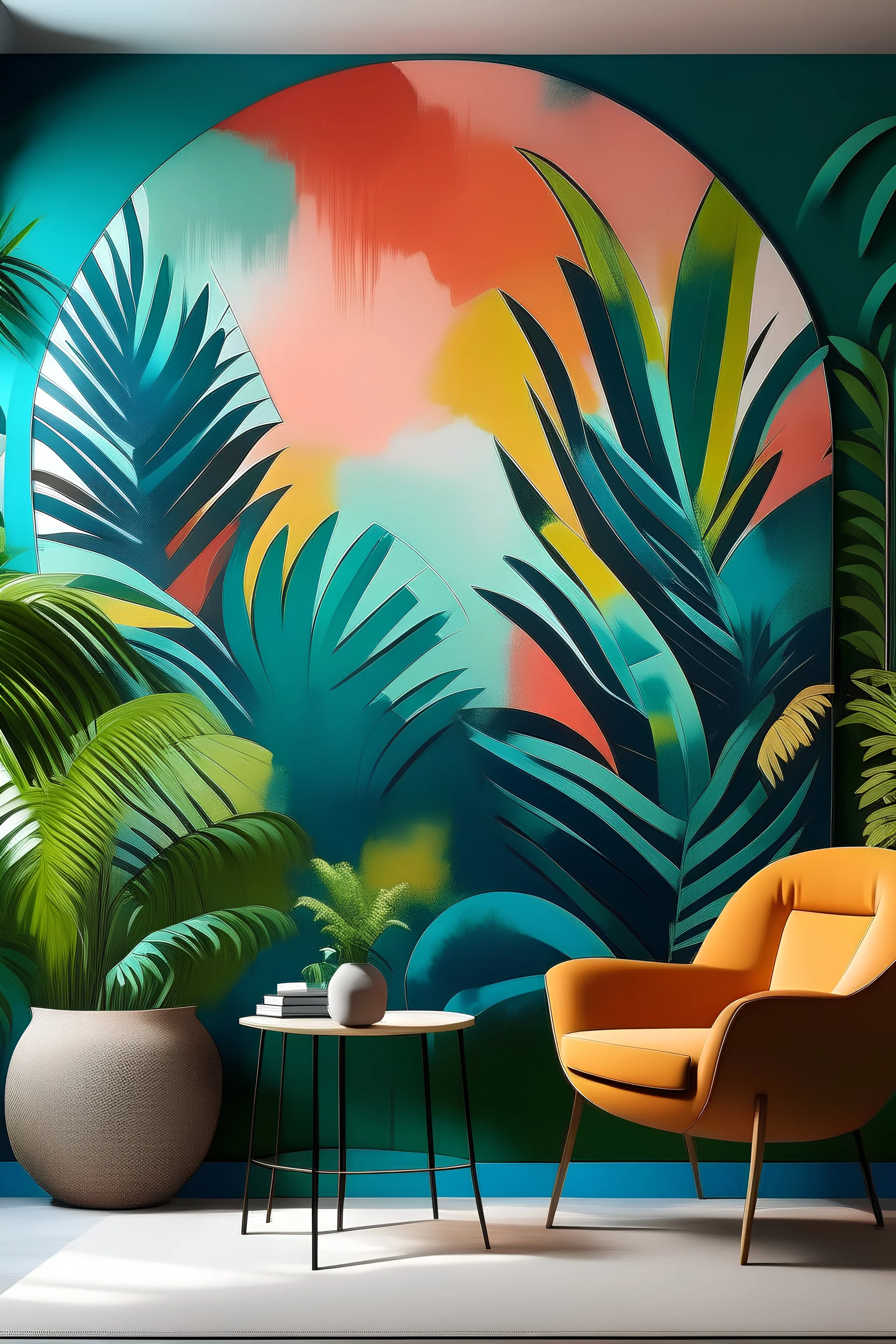 Create a hand-painted muraL with overlapping ovals in tropical hues, evoking the feeling of a serene oasis with a touch of vibrant energy