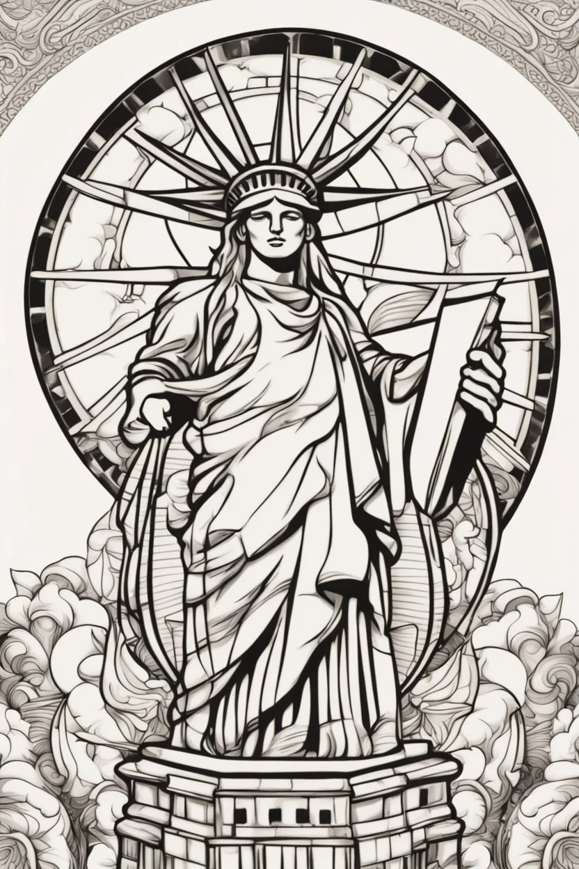Mandala of the Statue of Liberty merged with apple motifs, illustrated in black and white with clear, thick strokes, suitable for an adult coloring book, contour, vector, clean line art, isolated against a white environment
