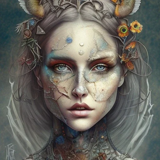 watercolor illustration ,singer Danish MØ, intricate detail , rusty metal, Dryad, sidhe, ominous, portrait,high lighting,