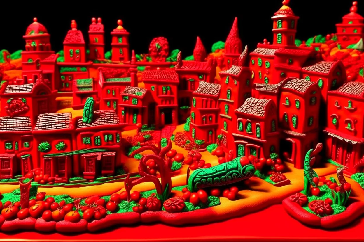 A red Day of the Dead themed town with fiery ghost peppers designed in Mexican folk art painted by Henri-Robert Bresil