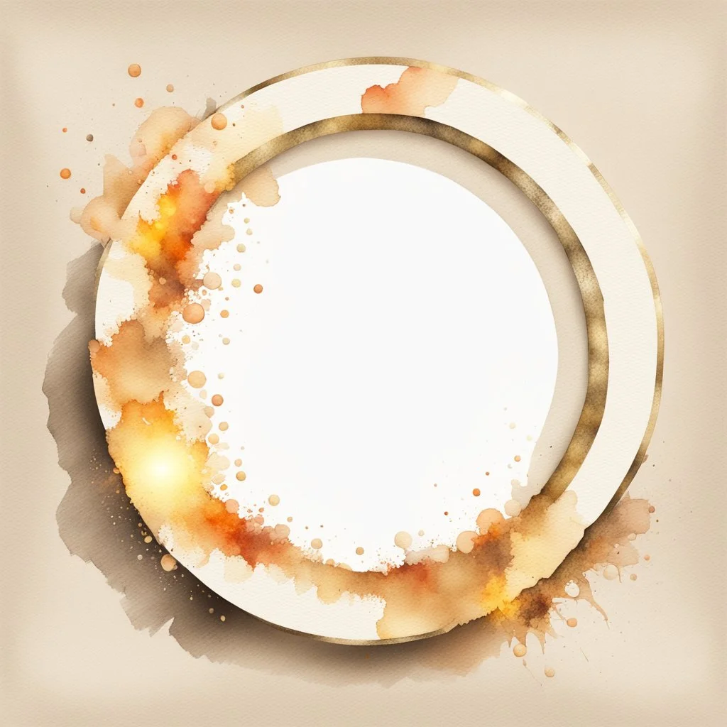 Hyper Realistic Right-side-view of Beige small-watercolor-Circular-Frame With Glowing Golden Embers On Off-White Grunge Background.