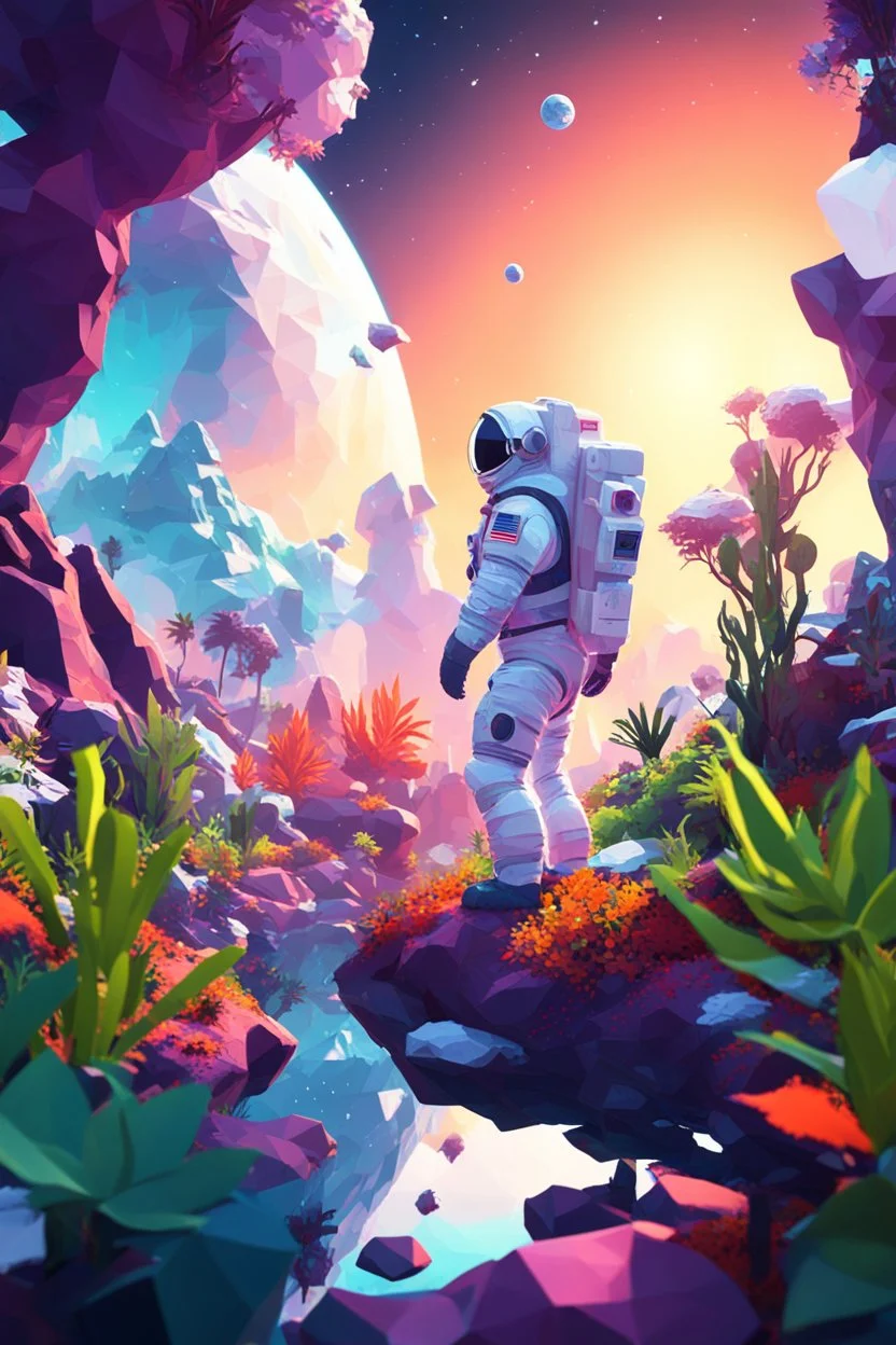 (((close midshot))), (((low poly art:2))), (astronaut), ultra detailed illustration of an environment on a dangerous:1.2 exotic planet with plants and wild (animals:1.5), (vast open world), astroneer inspired, highest quality, no lines, no outlines candid photography.