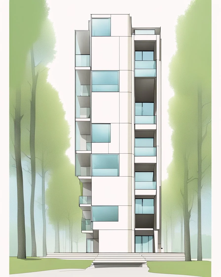 Dibujo arquitectónico de un edificio de cinco pisos, moderno, diseñado aplicando la proporción, estilo minimalista futurista, calidad ultra, gente, árboles, colores complementarios