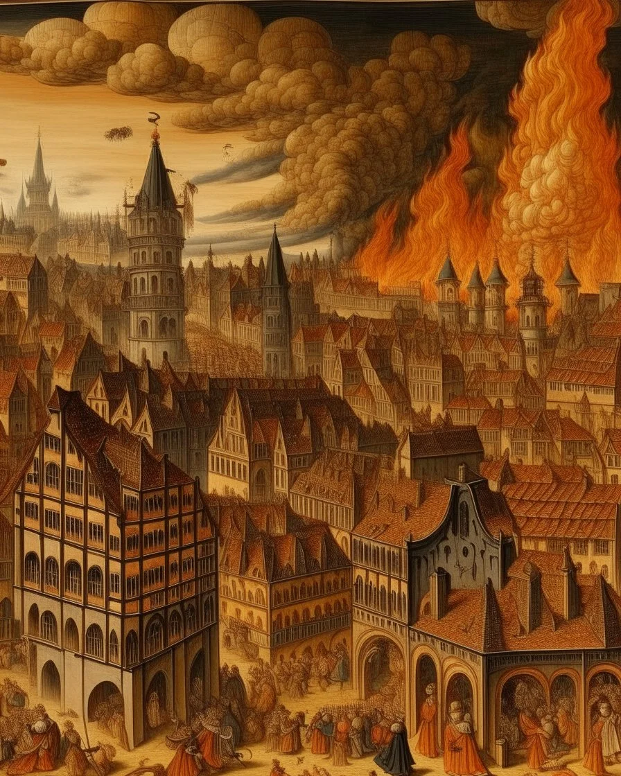 An orange colored western town engulfed in smoke designed in medieval tapestry painted by Lucas van Leyden
