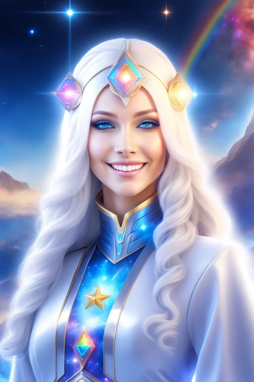 cosmic woman smile,galactic fédération, admiral from the future, one fine whole face, crystalline skin, expressive blue eyes,rainbow, smiling lips, very nice smile, costume pleiadian, Beautiful tall woman pleiadian Galactic commander, ship, perfect datailed golden galactic suit, high rank,rainbow hair, hand whit five perfect detailed finger, amazing big blue eyes, smilling mouth, high drfinition lips, cosmic happiness, bright colors, blue, pink, gold, jewels, realist, high,ufo,butterfly rainbow,