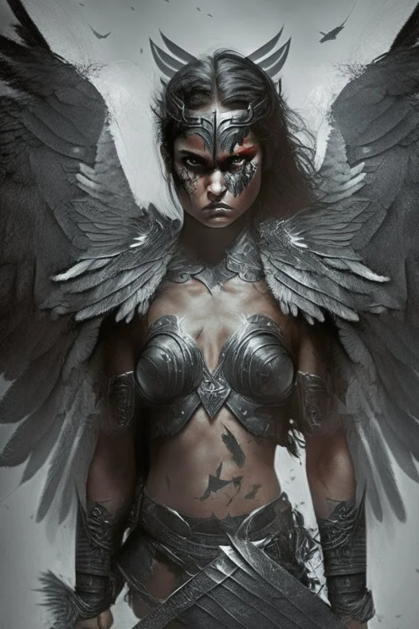 fierce female warrior angel with black wings