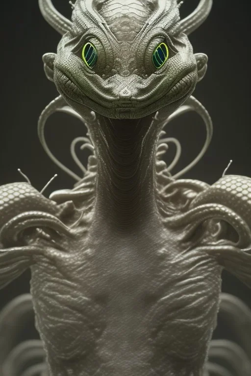 snake alien, head,8 eyes, smile, 8k, with hairs, finely detailed, photo realistic, HR Giger style