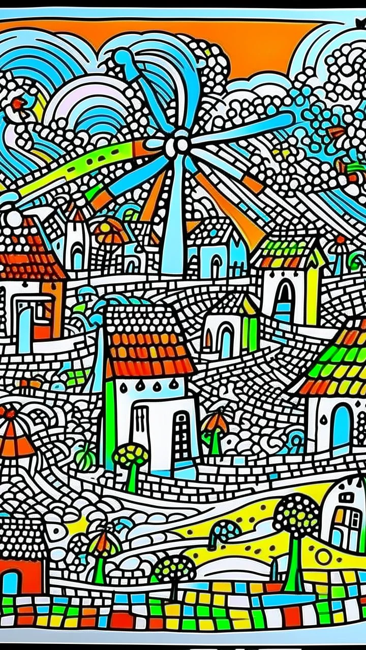 A white village with windmills painted by Keith Haring