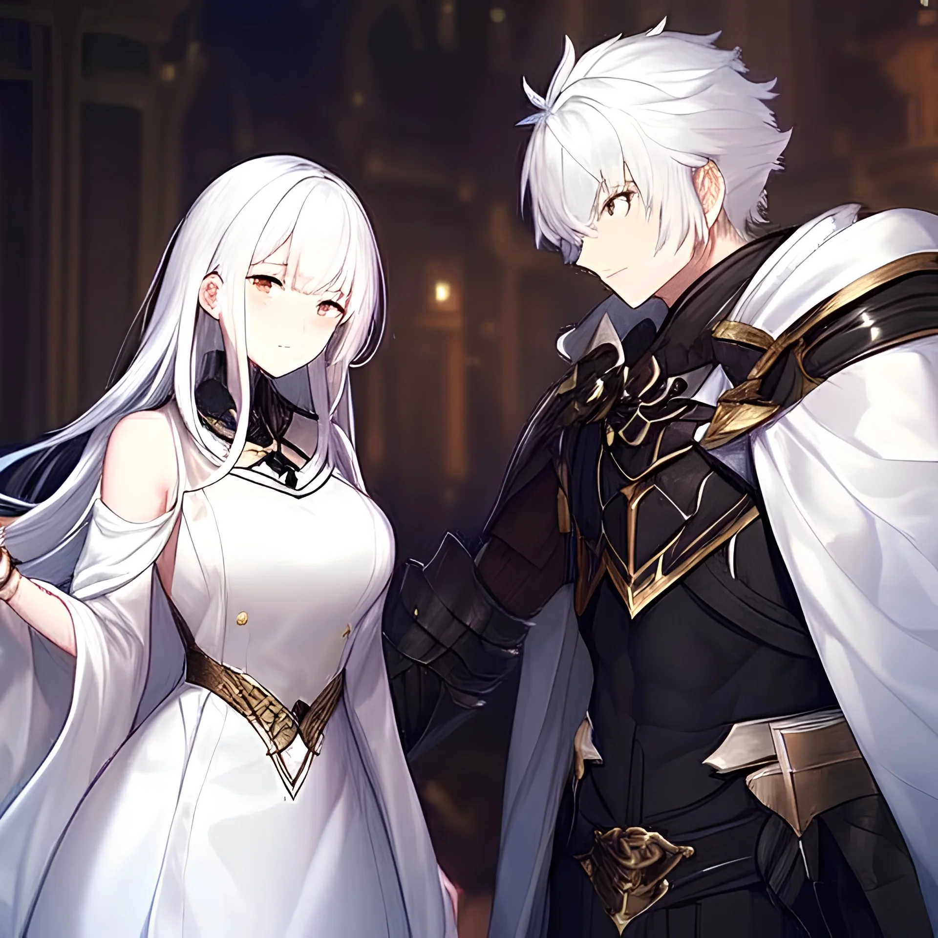 Girl with white hair wearing white robes. Boy with black hair wearing leather armor