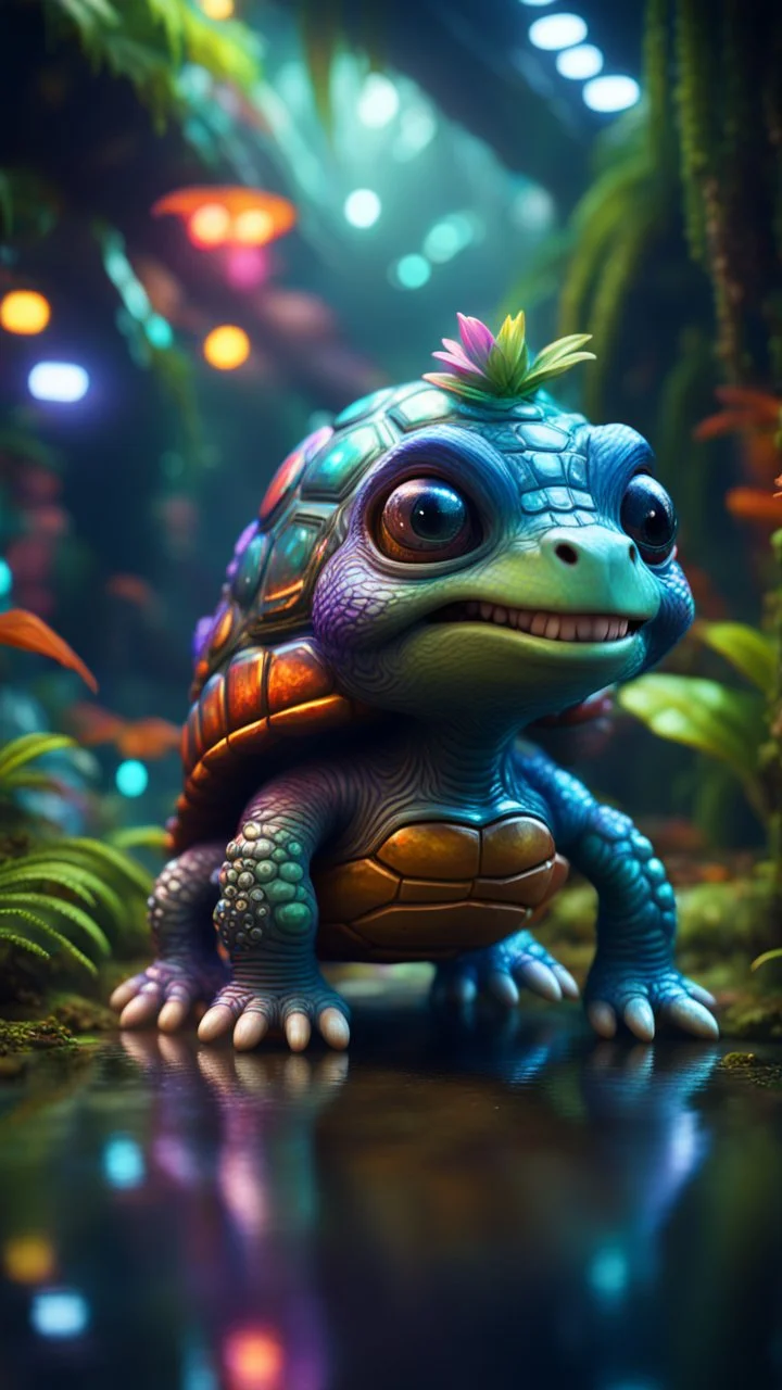 Psychedelic steam breathing space gremlin alien turtle dragon with friendly cute face and hair like a rocker, in dark lit reflective wet jungle metallic hall dome hotel tunnel, in the style of a game,bokeh like f/0.8, tilt-shift lens 8k, high detail, smooth render, down-light, unreal engine, prize winning