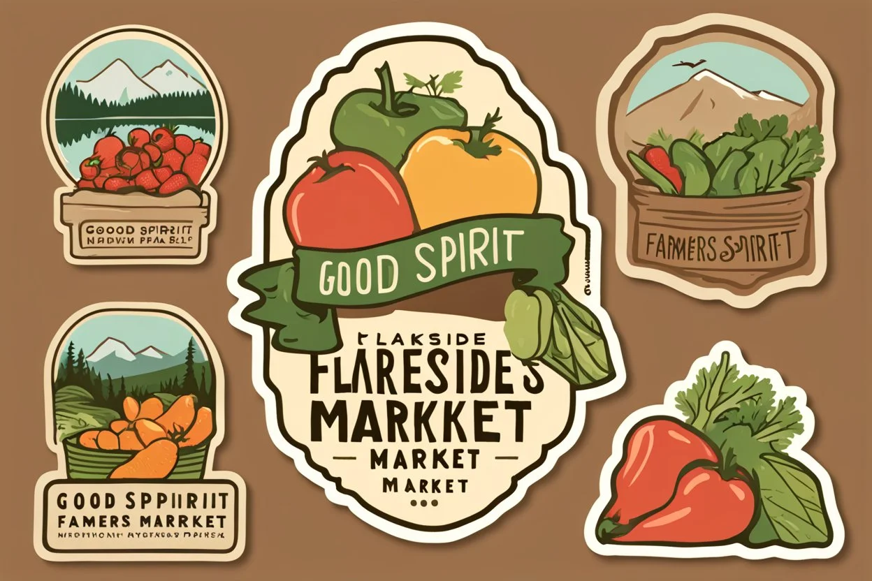 Stickers for a lakeside farmers' market "Good Spirit Market" in a national parks sticker style, featuring illustrations of fresh produce