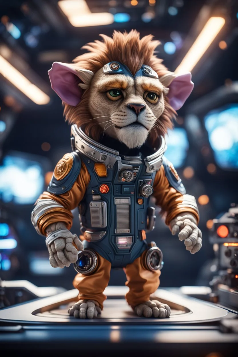 pen outline, really macho pimp gremlin lion captain that go hard sitting in space station cockpit , in front of space portal dimensional glittering device, bokeh like f/0.8, tilt-shift lens 8k, high detail, smooth render, down-light, unreal engine, prize winning