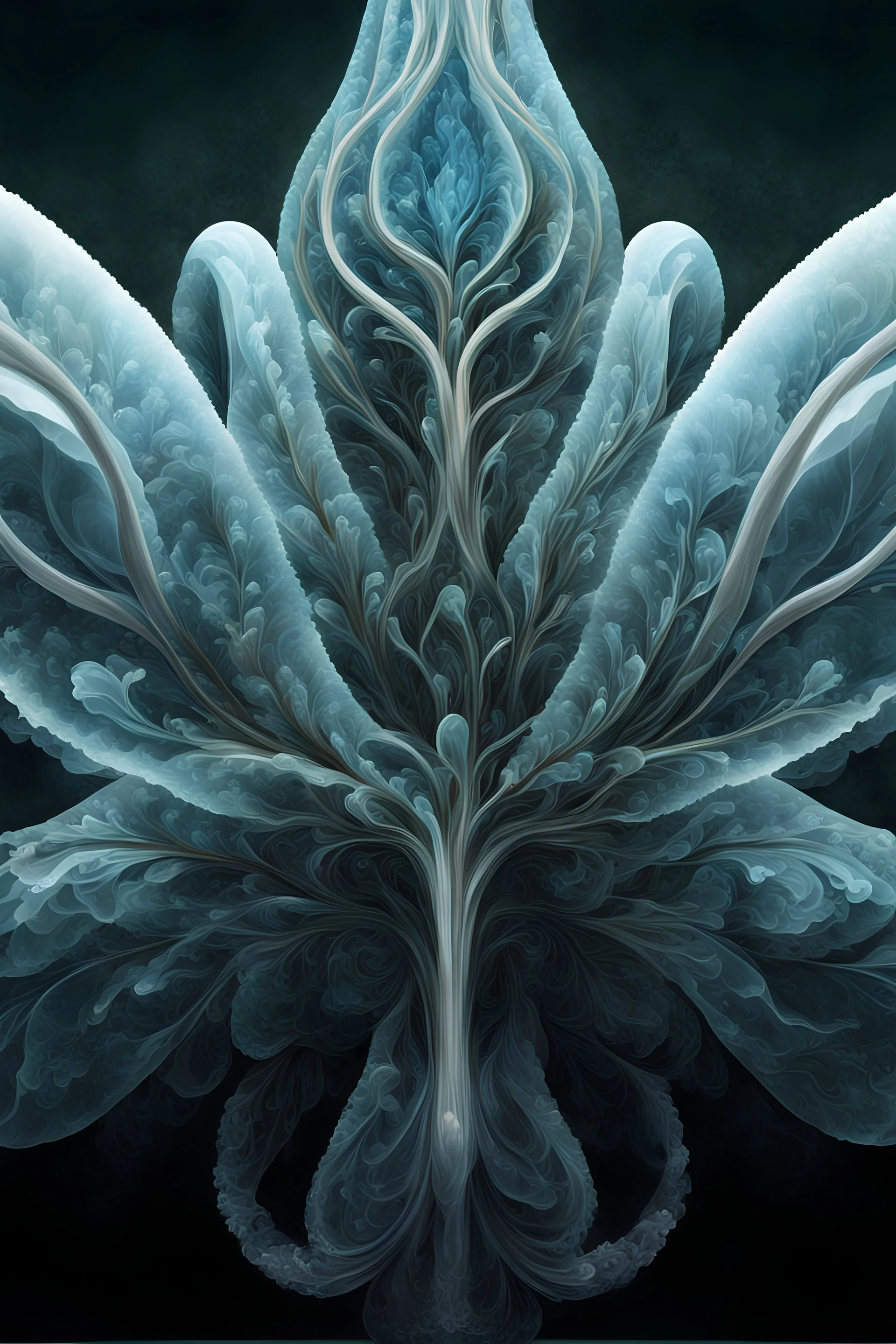 A mesmerizing depiction of dark green botanic organ mutation, inside translucent bulging glass petals. This exquisite image, possibly a painting or digital artwork, captures the complexity and elegance of this bizarre subject.the external presentation is a light blue beautiful and fragile pretty opacity, but inside is a horror muatation of botanical ecco sexual evolution. Every intricate detail is meticulously rendered, showcasing the strangeness and beauty in this strangely captivating world. T