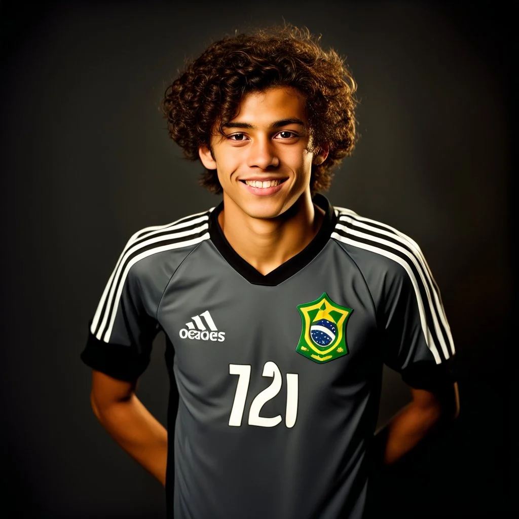 85mm DSLR color photography of a very detailed headshot fitting all of head and hair in frame. 17-year-old Brazilian soccer player, with brown hair color and no facial hair and has very short hair and with a small smile, grey background make him look mor rough