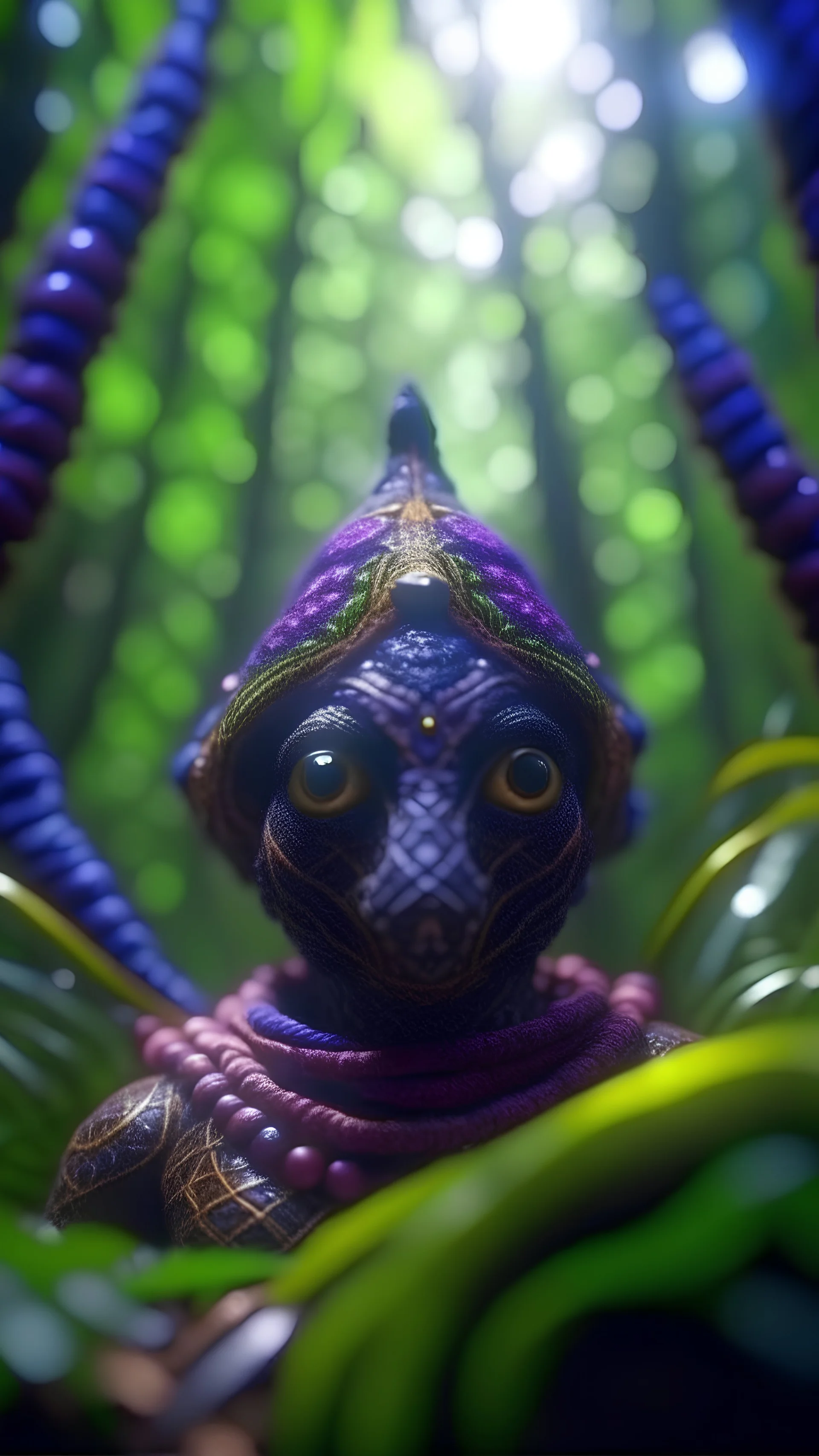 close up portrait of a happy blessed buffalo soldier space alien mega structure woven into a sacred geometry knitted tapestry hammock over an ant hill in the middle of lush magic jungle forest, bokeh like f/0.8, tilt-shift lens 8k, high detail, smooth render, down-light, unreal engine, prize winning