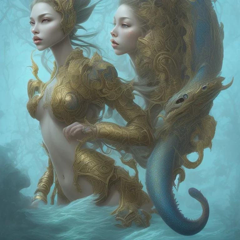 sango fantasy, fantasy magic, intricate, sharp focus, illustration, highly detailed, digital painting, concept art, matte, artgerm and paul lewin and kehinde wiley, masterpiece sexy lips Asian afro lips black African lady body mermaid blue Dragon head golden space lady sea under water mermaid pretty skull