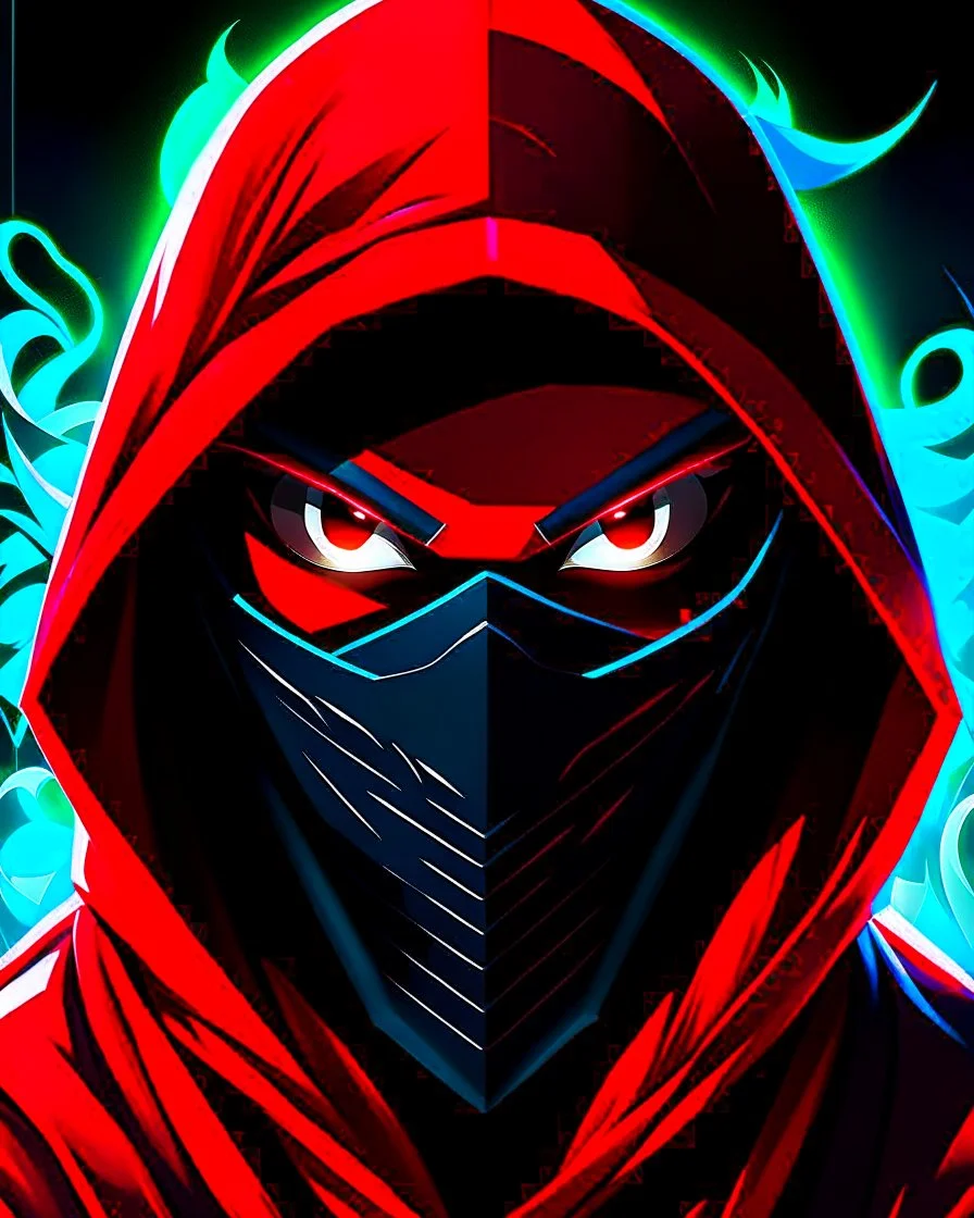 Draw an illustration with a red and black hood and a dragón mask over they eyes